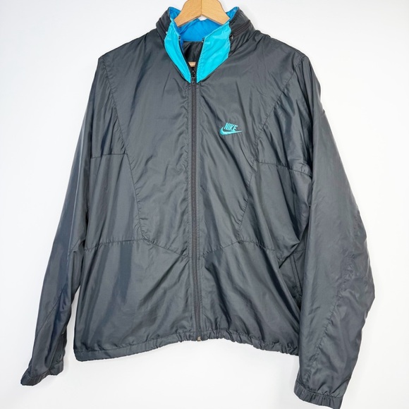 Vintage 1980’s Nike Grey Tag Stash Hood Windbreaker Jacket Black Blue Large - Picture 1 of 8